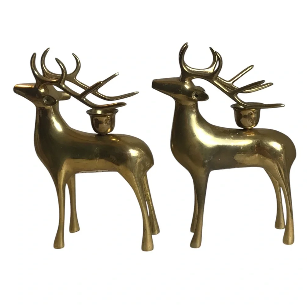 Pottery Barn Brass Reindeer Candle Holders 8” Vintage Christmas Taper Pair